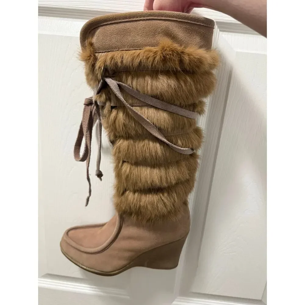 Arleen C Size‎ 8 Suede Sheepskin Rabbit Fur Ski Wedge Boots Tan Knee High Winter